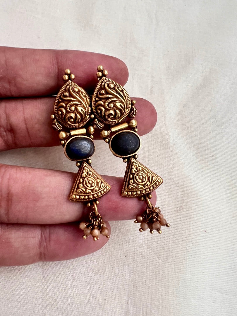Antique Gold polish blue stone hangings-Earrings-CI-House of Taamara