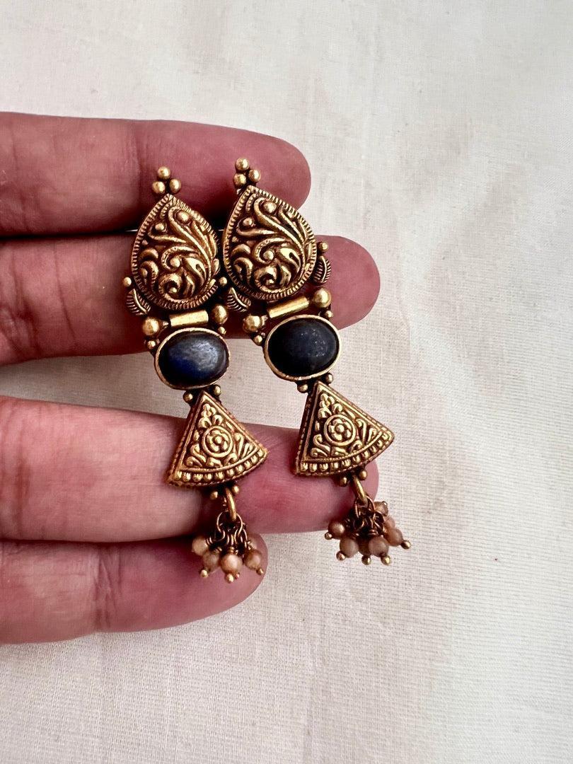 Antique Gold polish blue stone hangings-Earrings-CI-House of Taamara