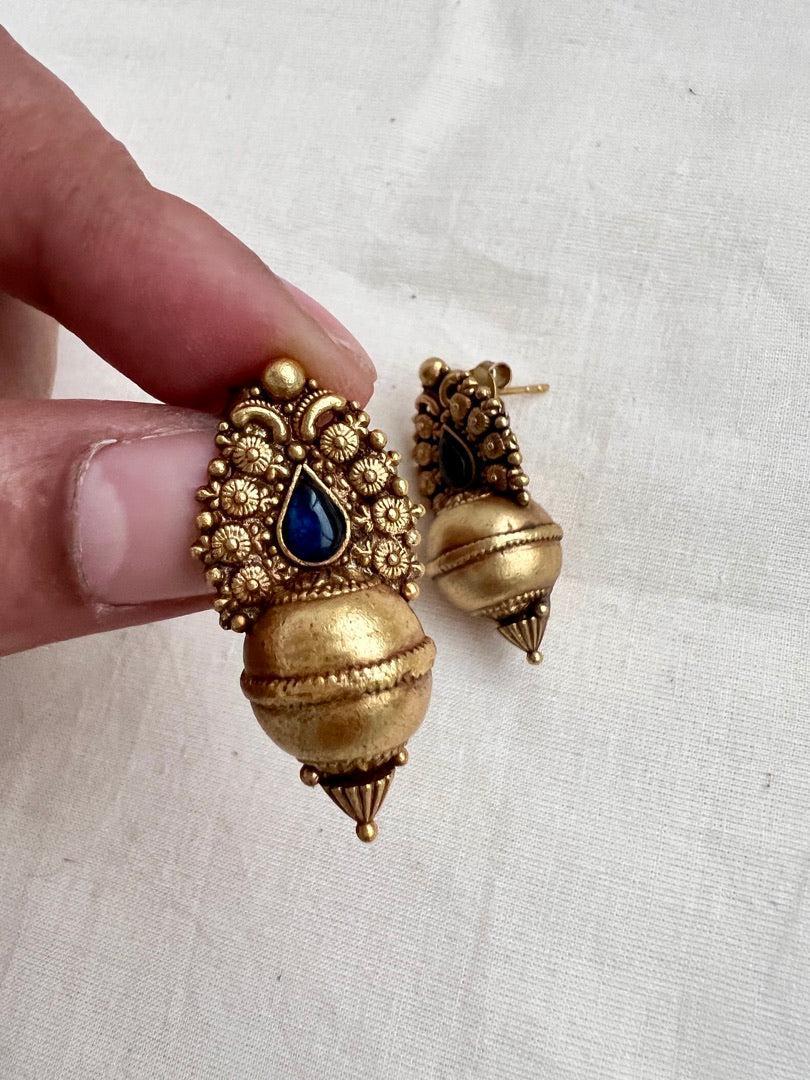 Antique Gold polish blue stone studs-Earrings-CI-House of Taamara