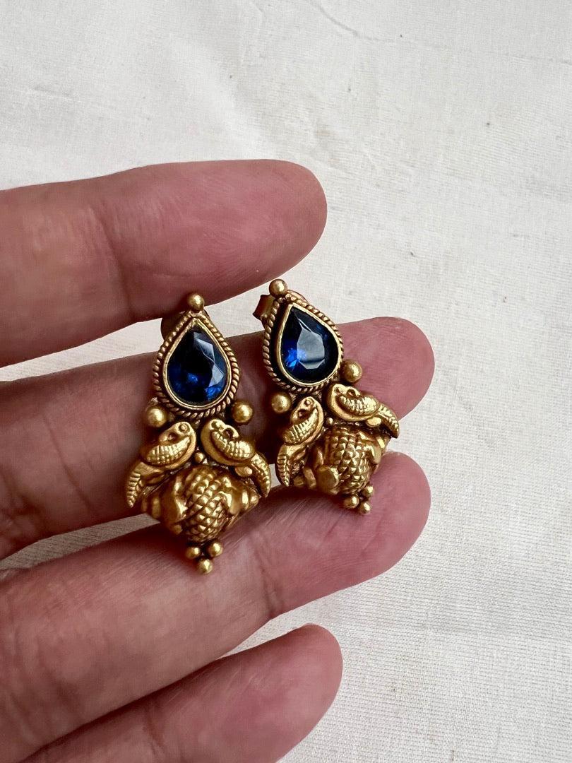 Antique Gold polish blue stone studs-Earrings-CI-House of Taamara