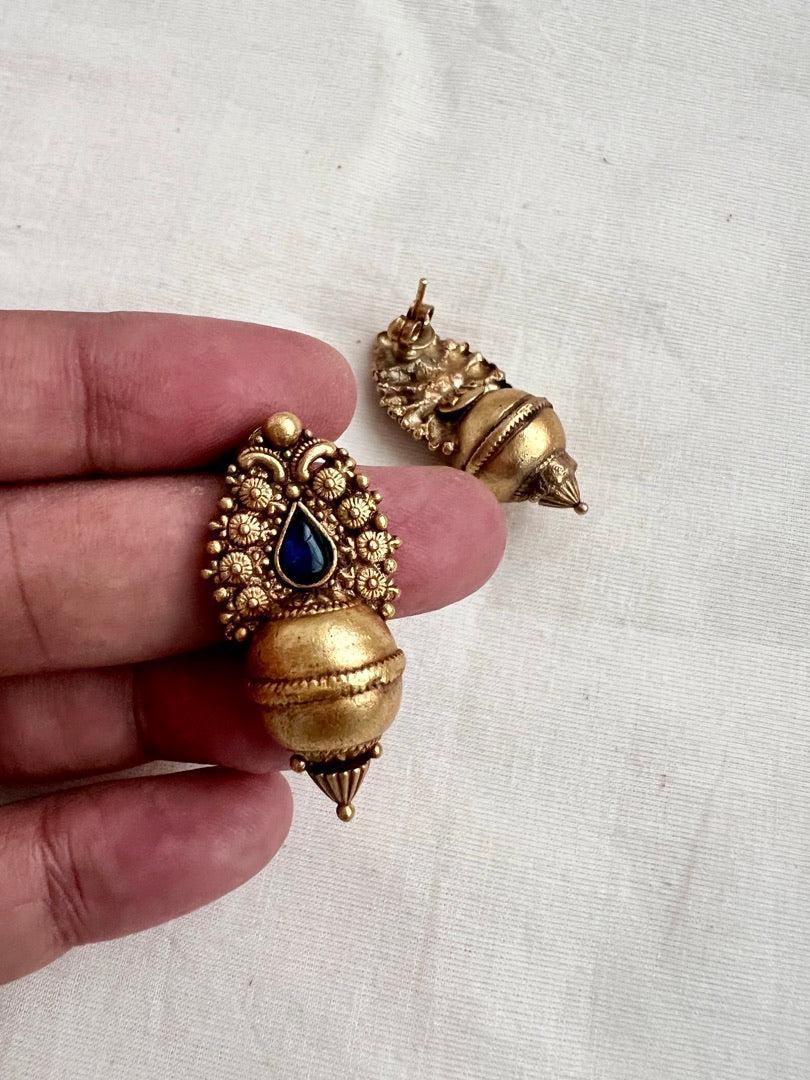 Antique Gold polish blue stone studs-Earrings-CI-House of Taamara