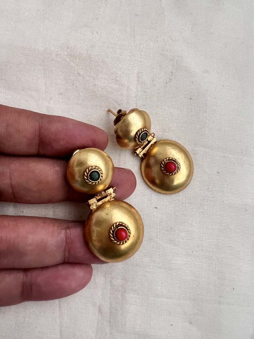Antique Gold polish coral and emerald hangings-Earrings-CI-House of Taamara