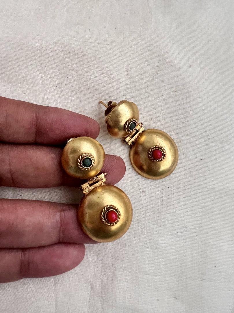 Antique Gold polish coral and emerald hangings-Earrings-CI-House of Taamara