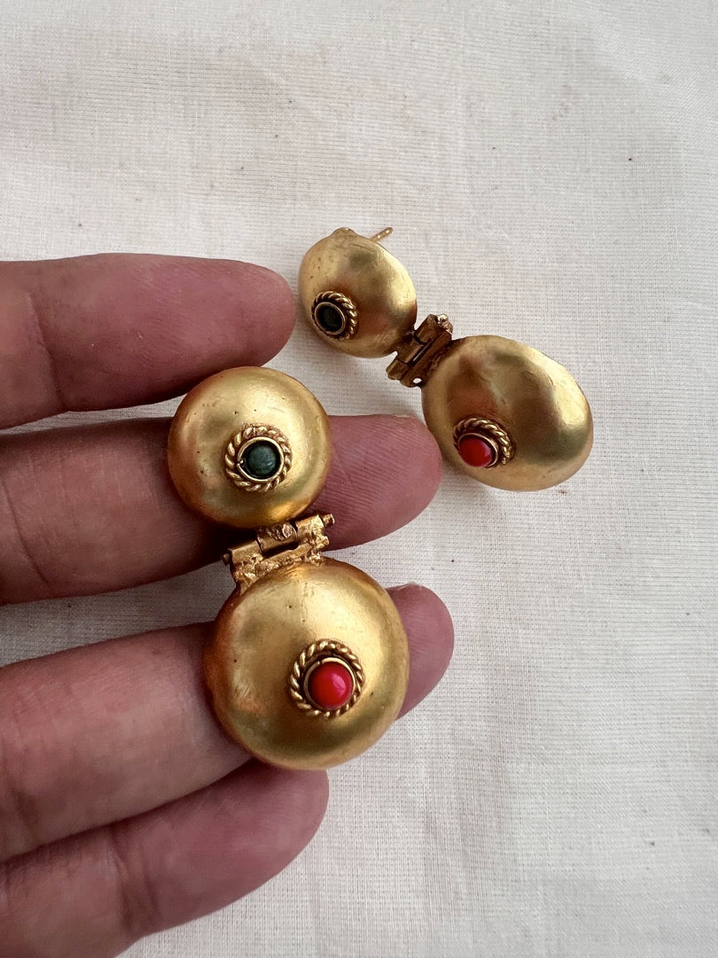Antique Gold polish coral and emerald hangings-Earrings-CI-House of Taamara