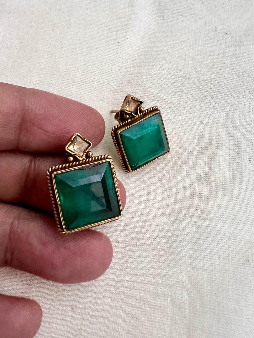 Antique Gold polish emerald studs-Earrings-CI-House of Taamara