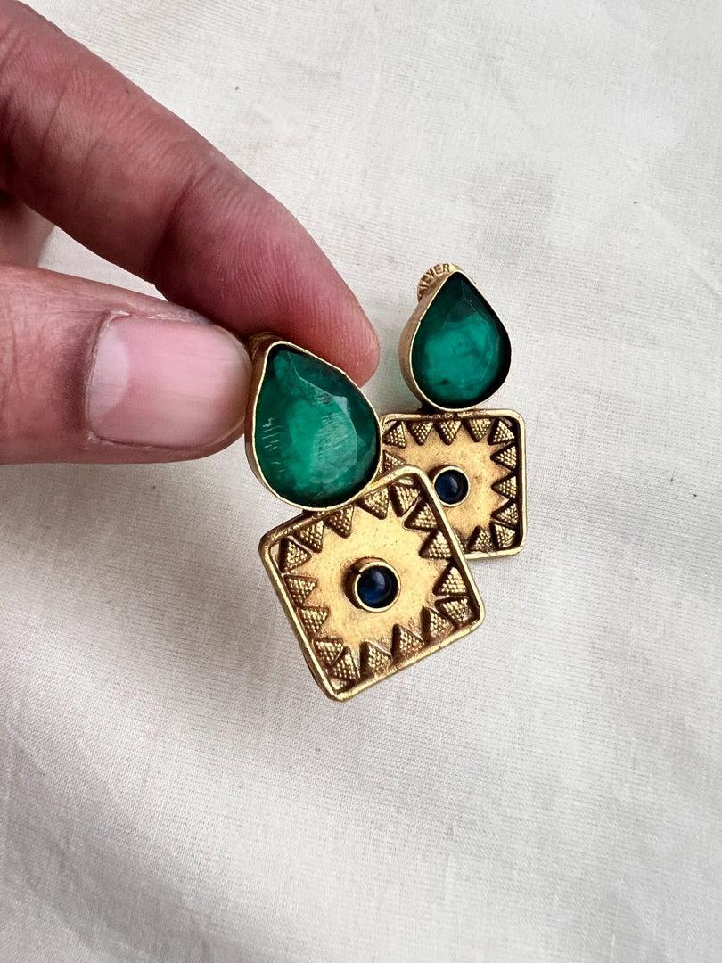 Antique Gold polish emerald studs-Earrings-CI-House of Taamara