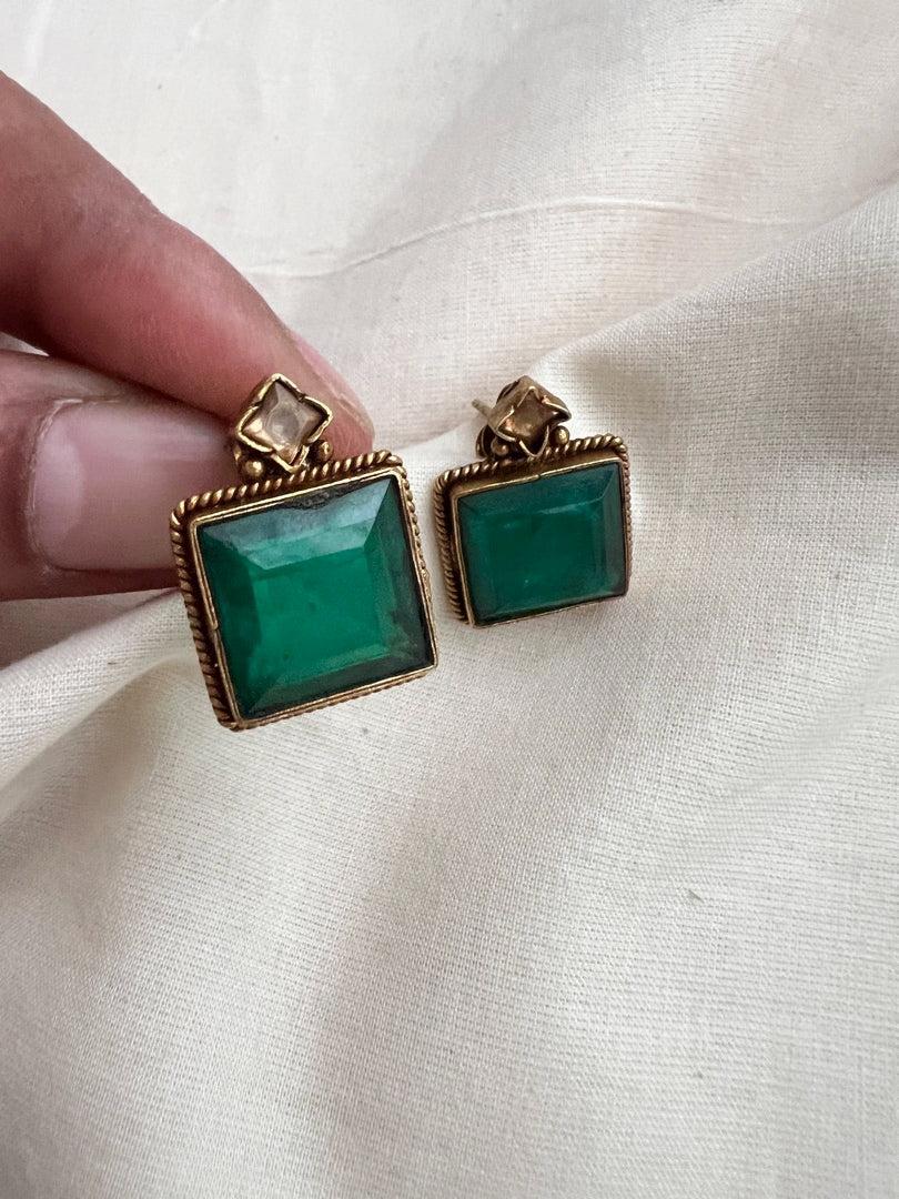 Antique Gold polish emerald studs-Earrings-CI-House of Taamara