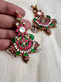 Antique Gold polish kundan, ruby & emerald earrings with antique pearls-Earrings-CI-House of Taamara