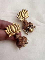 Antique Gold polish lotus jhumkas with pearls-Earrings-CI-House of Taamara