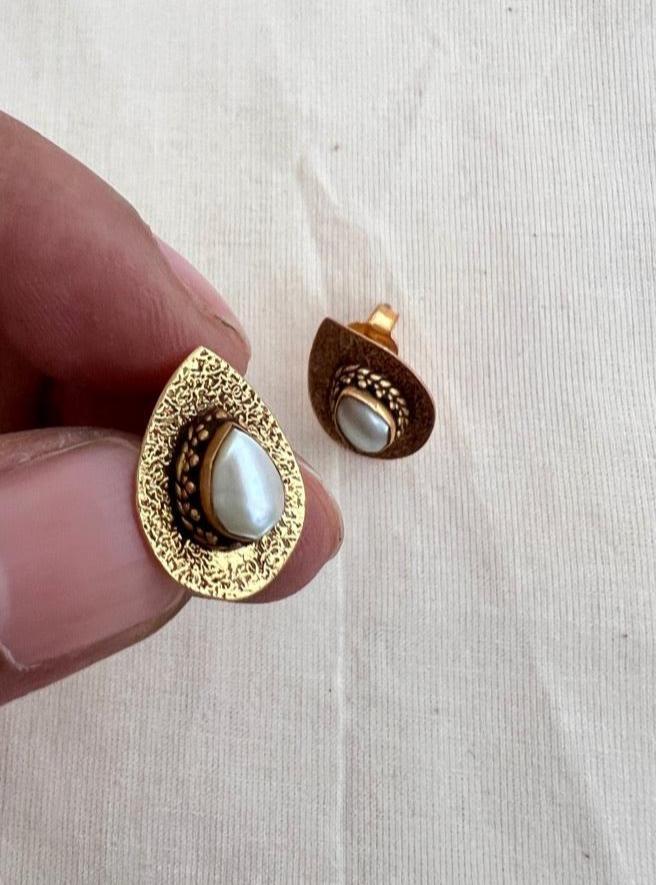 Antique Gold polish pearl studs-Earrings-CI-House of Taamara