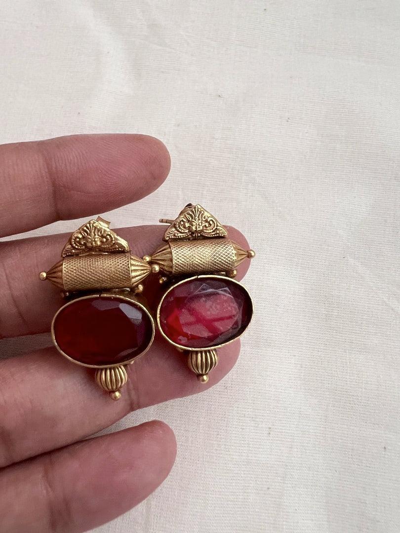 Antique Gold polish red stone studs-Earrings-CI-House of Taamara