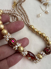 Antique Gold polish ruby & gold beads with pearl chain-Silver Neckpiece-CI-House of Taamara