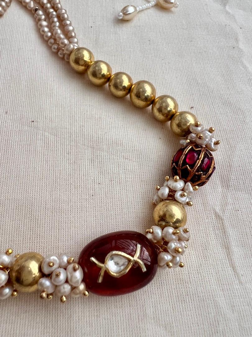 Antique Gold polish ruby & gold beads with pearl chain-Silver Neckpiece-CI-House of Taamara