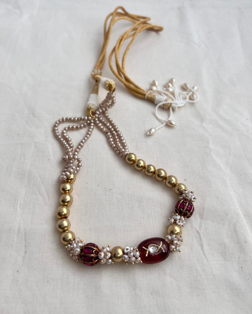 Antique Gold polish ruby & gold beads with pearl chain-Silver Neckpiece-CI-House of Taamara