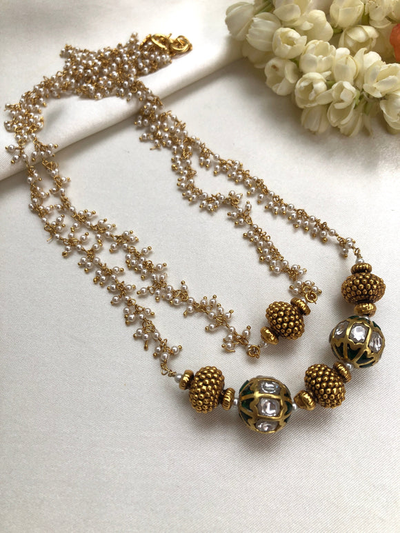 Antique beads kundan beads and pearls bunch chain-Silver Neckpiece-PL-House of Taamara