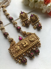 Antique beads & kundan with pearls pendant necklace, SET-Silver Neckpiece-PL-House of Taamara