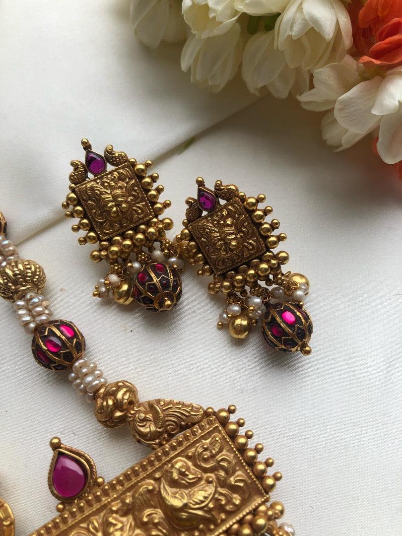 Antique beads & kundan with pearls pendant necklace, SET-Silver Neckpiece-PL-House of Taamara