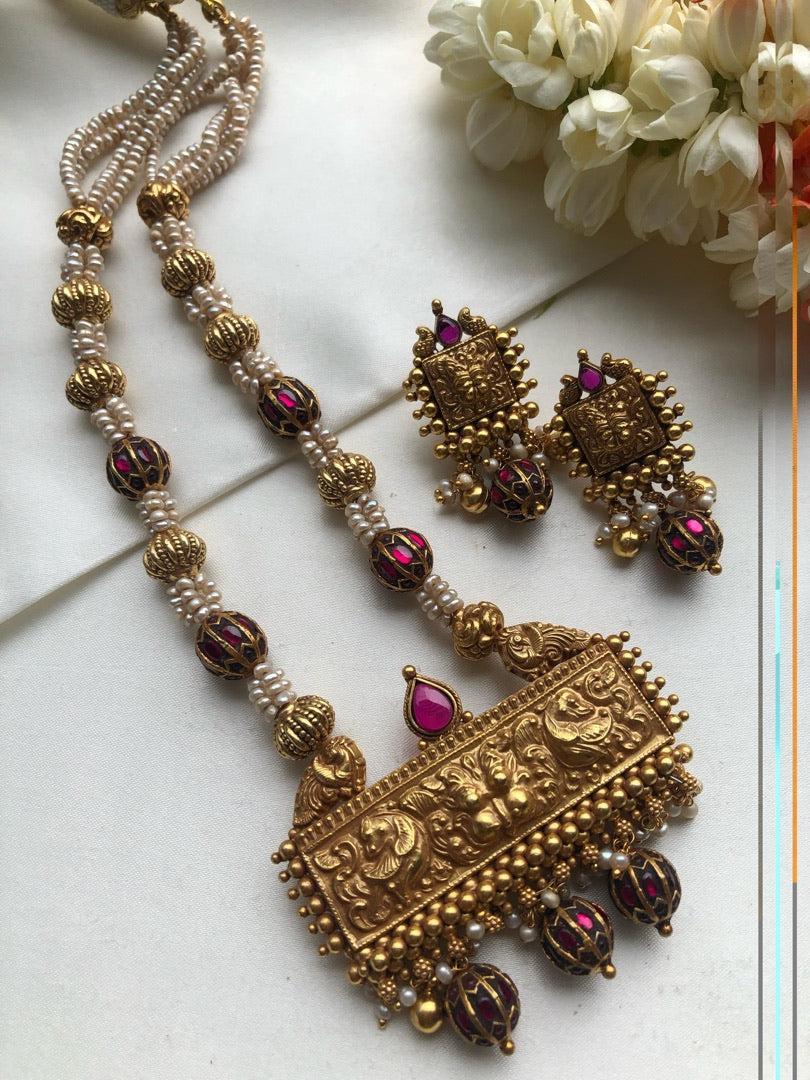 Antique beads & kundan with pearls pendant necklace, SET-Silver Neckpiece-PL-House of Taamara