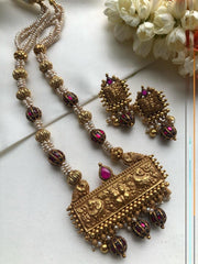 Antique beads & kundan with pearls pendant necklace, SET-Silver Neckpiece-PL-House of Taamara