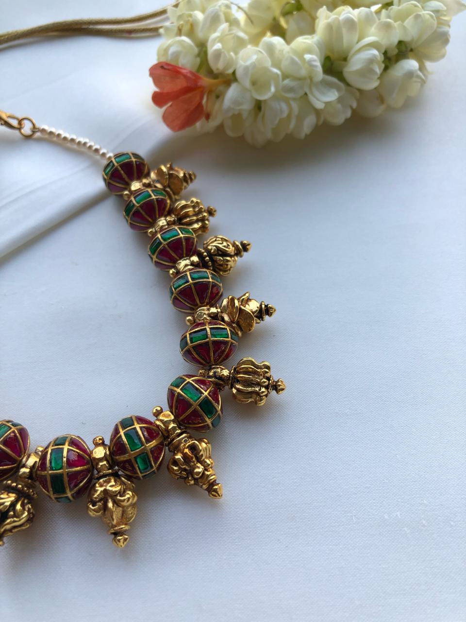 Antique beads with kundan and ruby beads mala-Silver Neckpiece-PL-House of Taamara