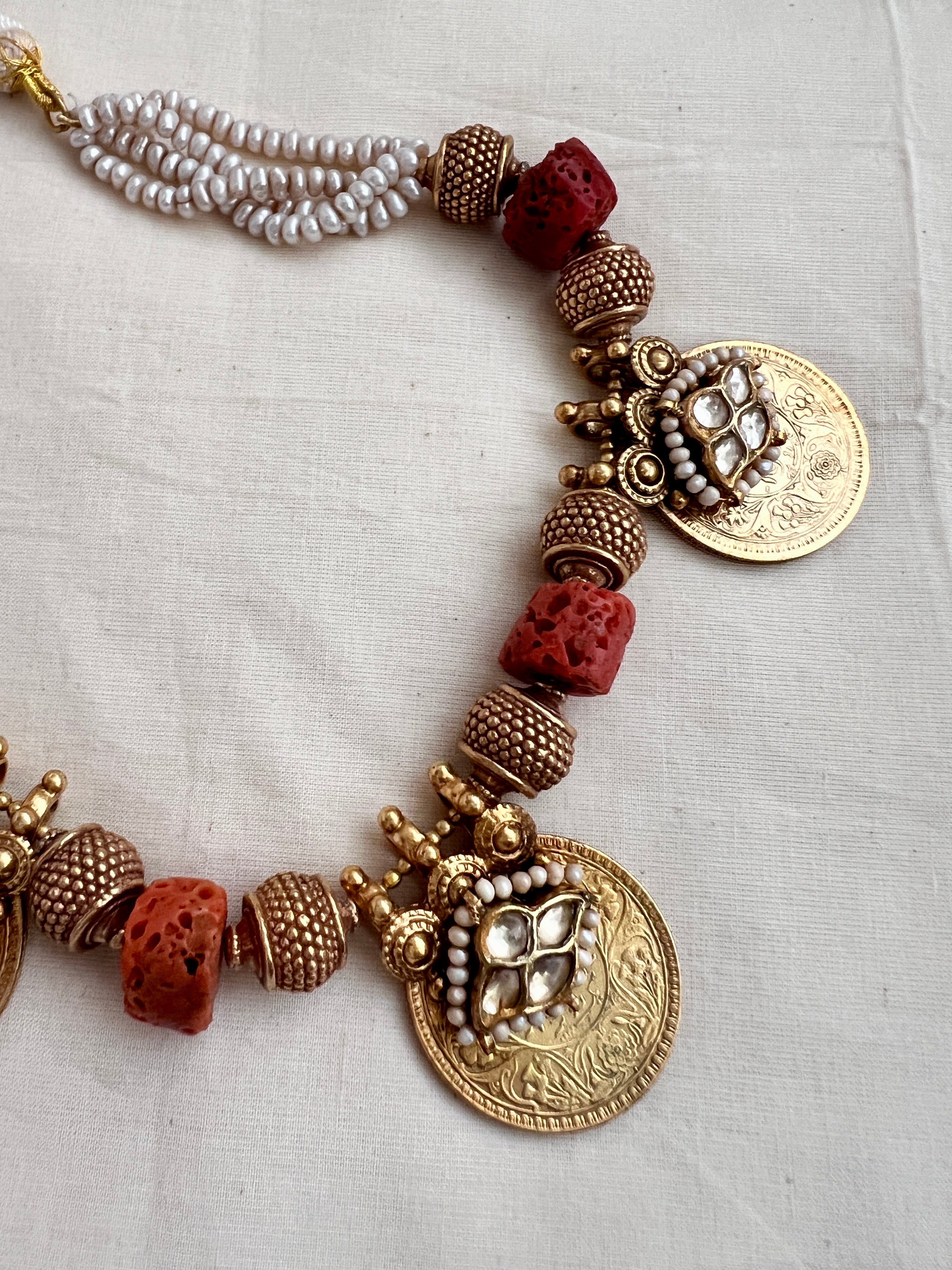 Antique gold polish coral beads with kundan motifs on coin pendant & pearls-Silver Neckpiece-CI-House of Taamara