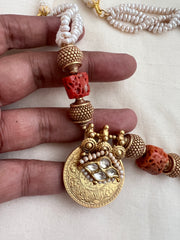 Antique gold polish coral beads with kundan motifs on coin pendant & pearls-Silver Neckpiece-CI-House of Taamara