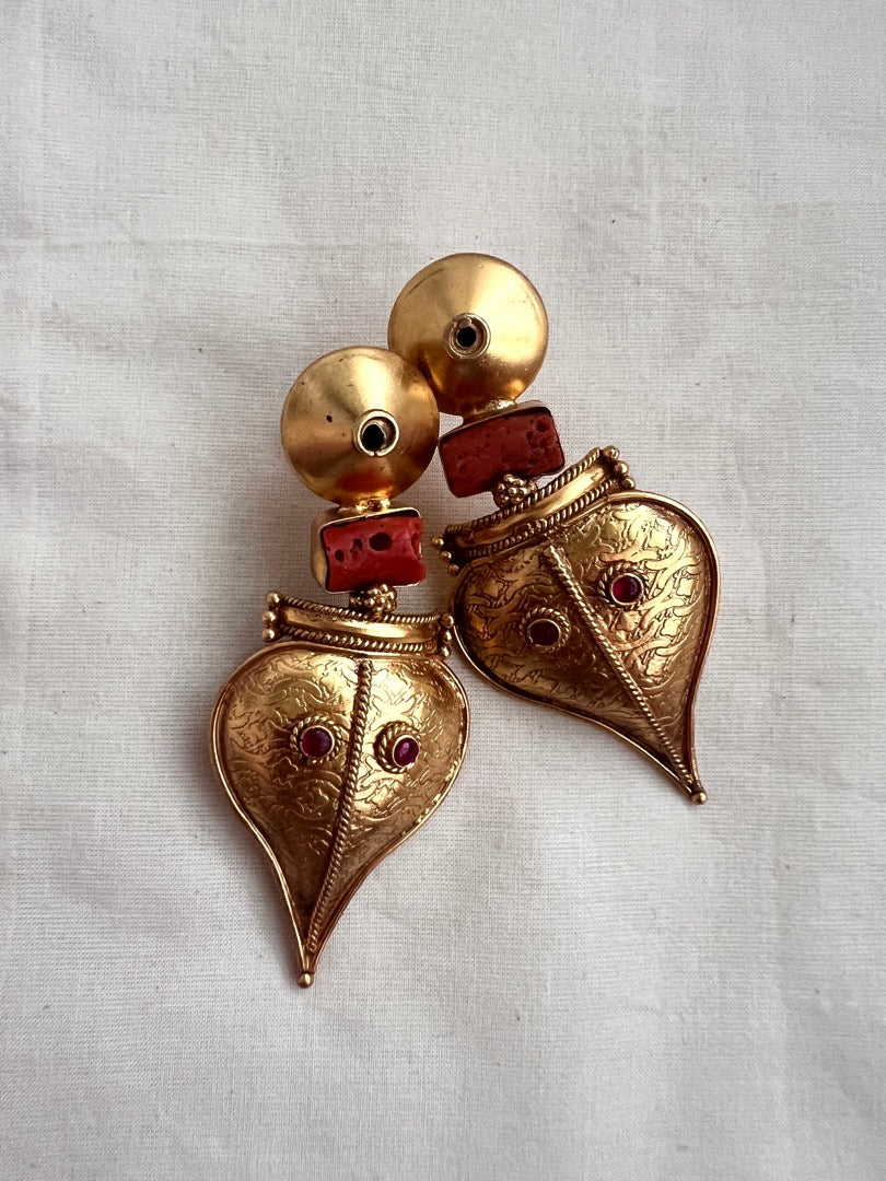 Antique gold polish coral earrings-Earrings-CI-House of Taamara
