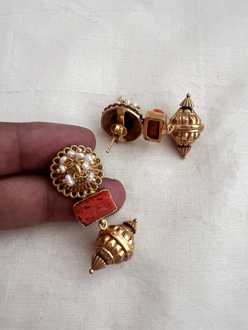 Antique gold polish coral earrings with pearls-Earrings-CI-House of Taamara