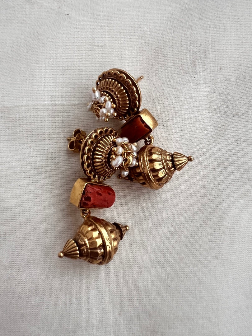 Antique gold polish coral earrings with pearls-Earrings-CI-House of Taamara