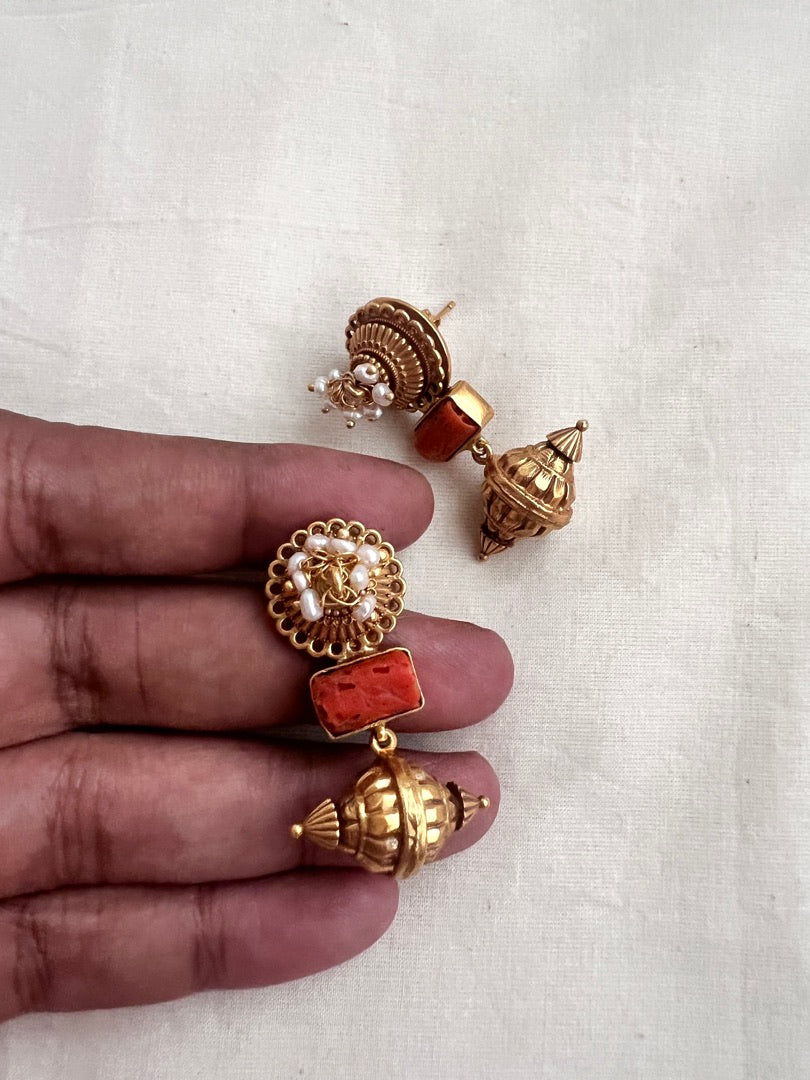 Antique gold polish coral earrings with pearls-Earrings-CI-House of Taamara