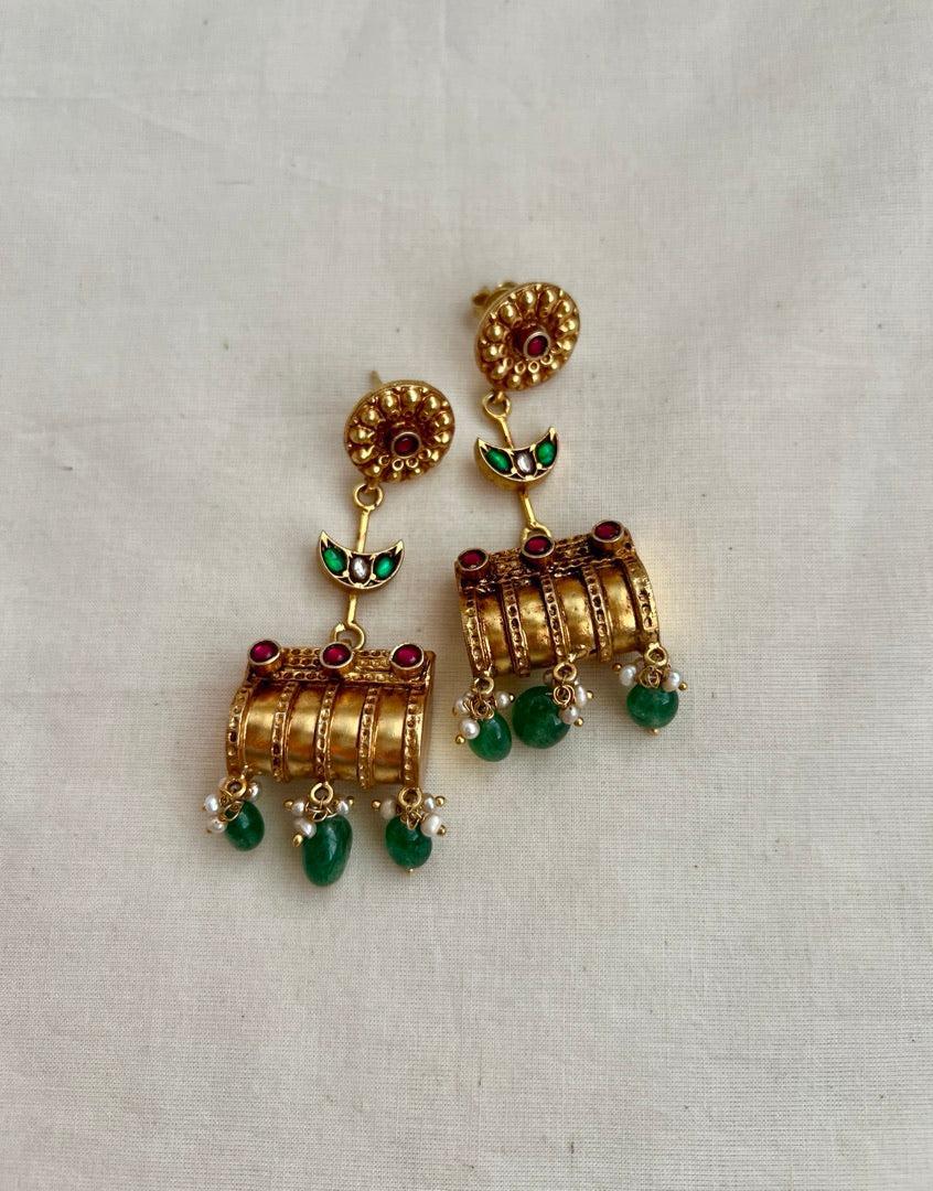 Antique gold polish earrings with pearls & jade beads-Earrings-CI-House of Taamara