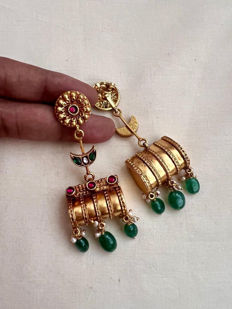 Antique gold polish earrings with pearls & jade beads-Earrings-CI-House of Taamara