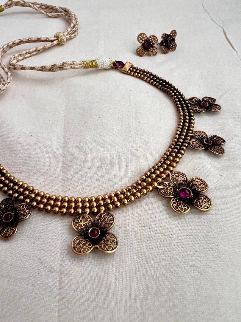 Antique gold polish flower necklace with earrings, SET-Silver Neckpiece-CI-House of Taamara
