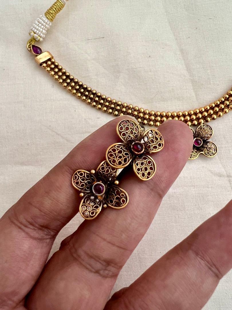 Antique gold polish flower necklace with earrings, SET-Silver Neckpiece-CI-House of Taamara