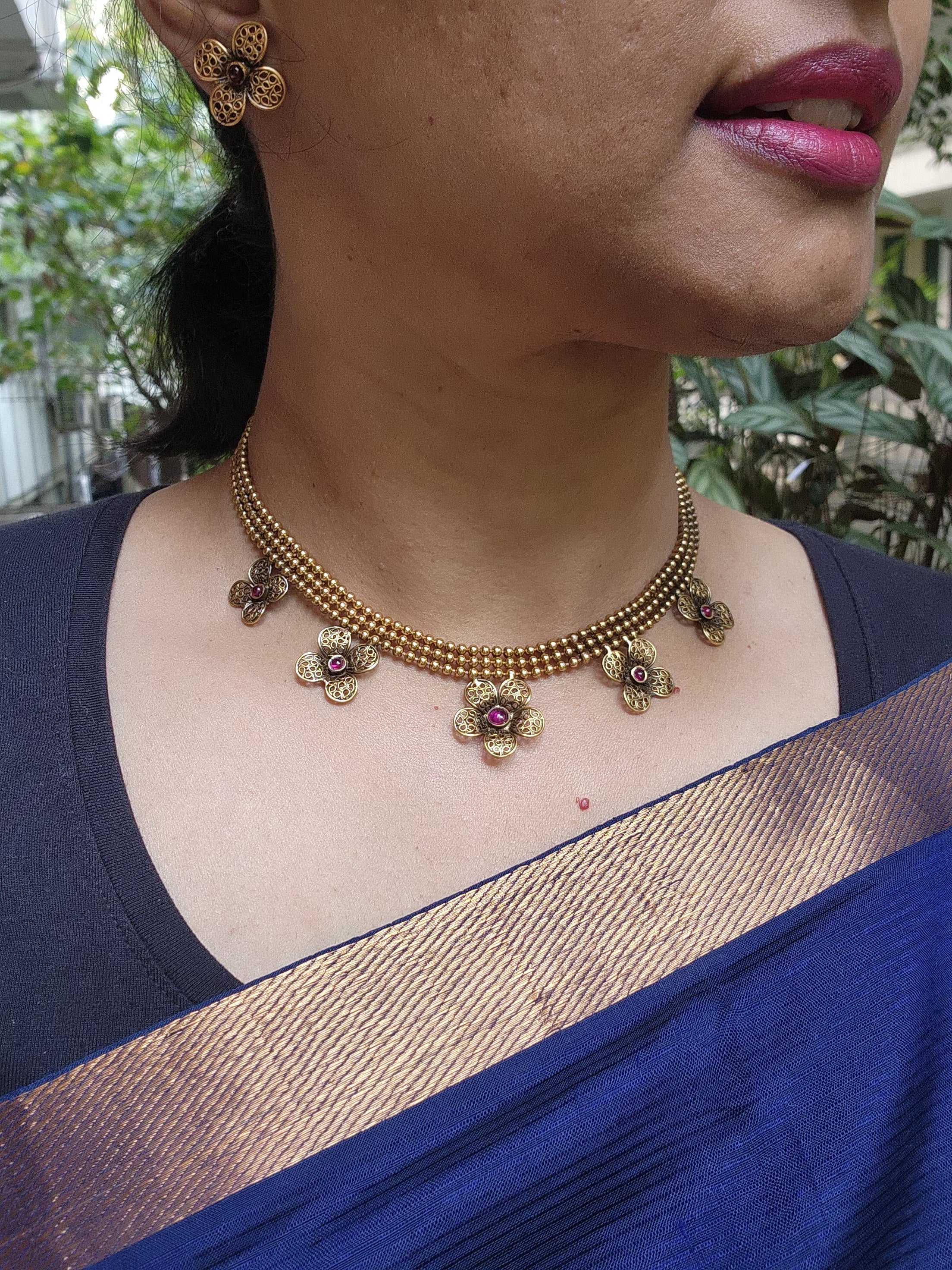 Antique gold polish flower necklace with earrings, SET-Silver Neckpiece-CI-House of Taamara
