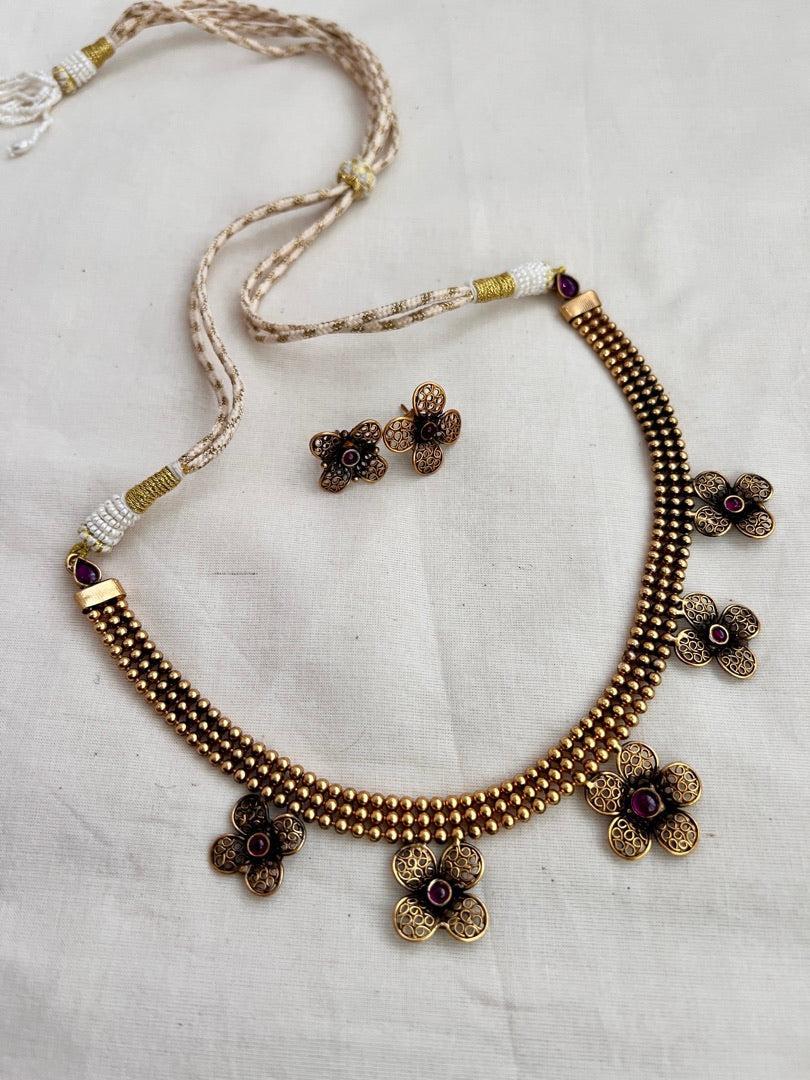 Antique gold polish flower necklace with earrings, SET-Silver Neckpiece-CI-House of Taamara