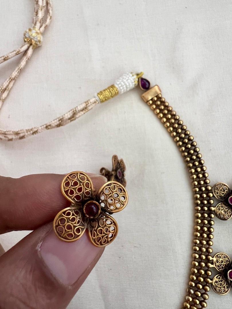 Antique gold polish flower necklace with earrings, SET-Silver Neckpiece-CI-House of Taamara