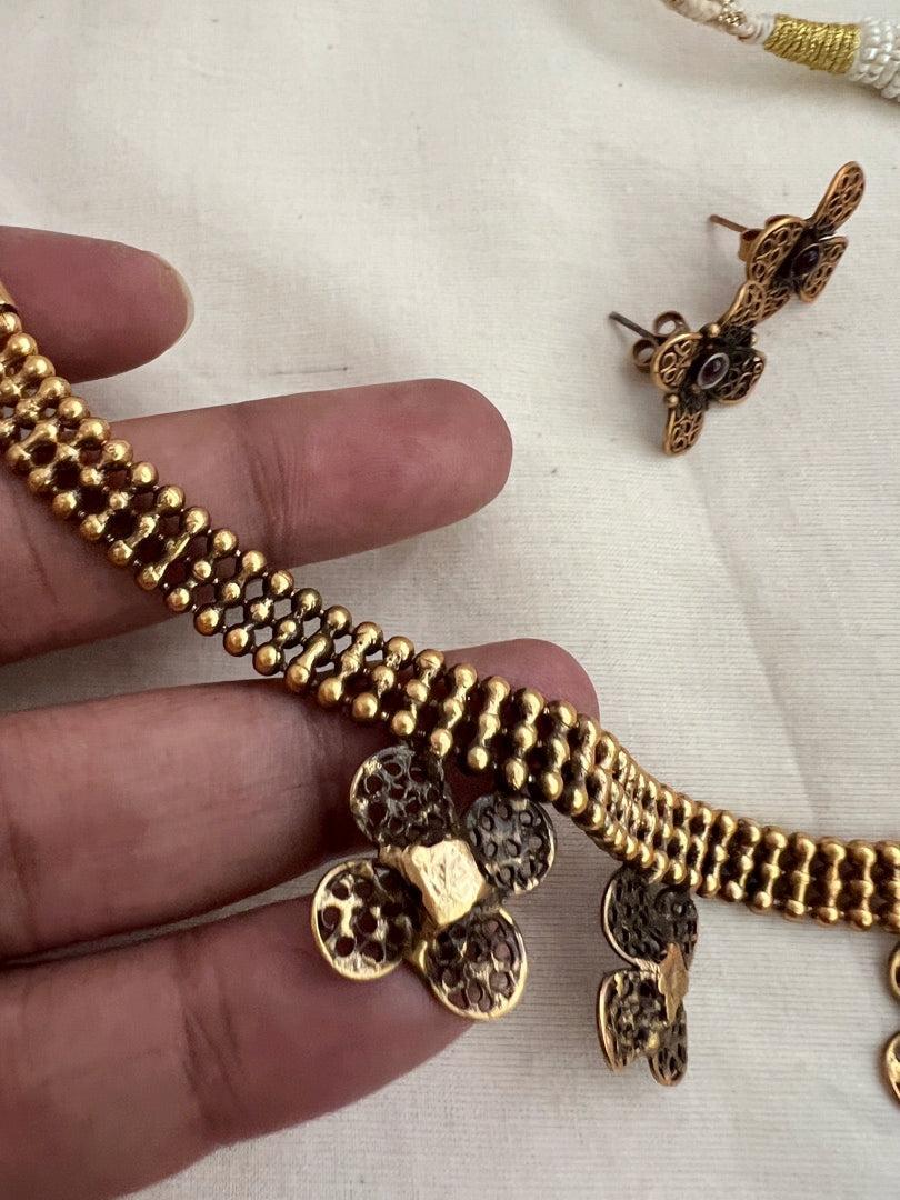 Antique gold polish flower necklace with earrings, SET-Silver Neckpiece-CI-House of Taamara