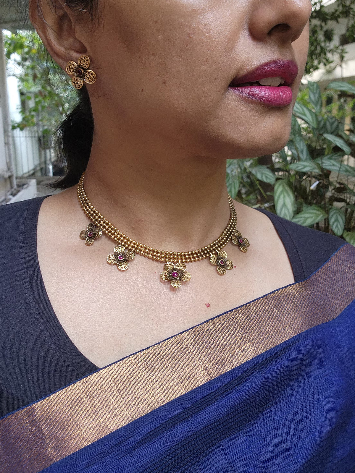 Antique gold polish flower necklace with earrings, SET-Silver Neckpiece-CI-House of Taamara