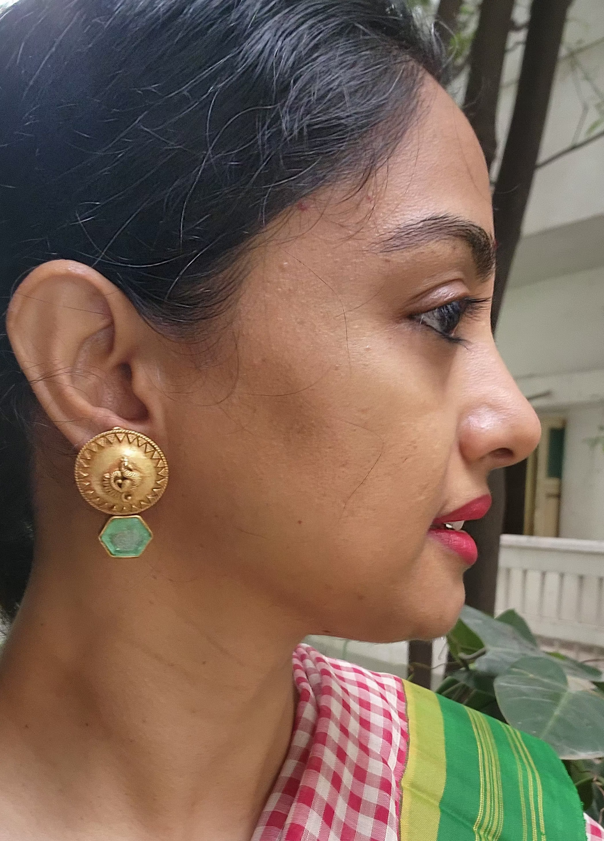 Antique gold polish green chalcedony stone studs-Earrings-CI-House of Taamara