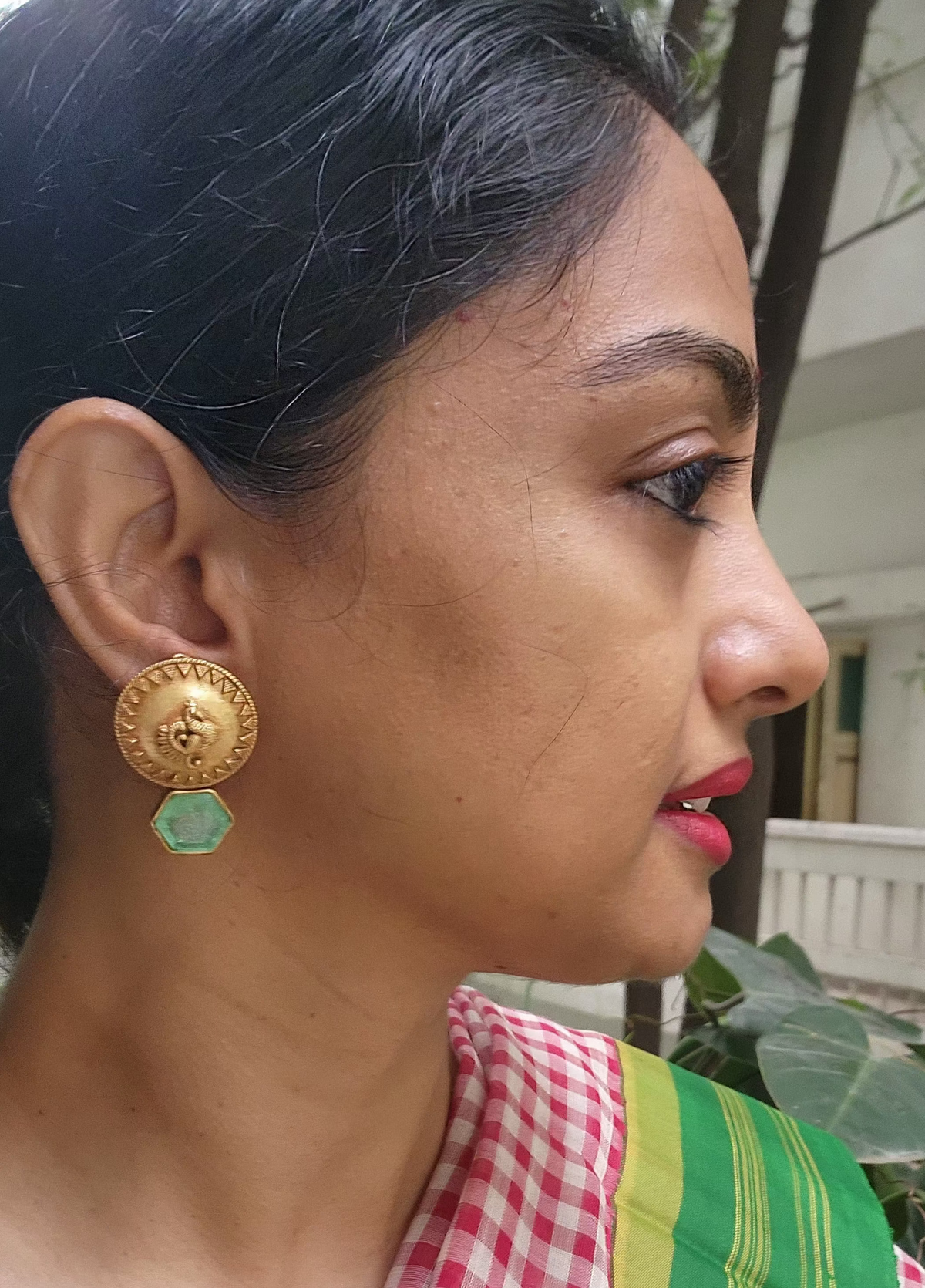 Antique gold polish green chalcedony stone studs-Earrings-CI-House of Taamara