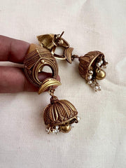 Antique gold polish jhumkas with pearls-Earrings-CI-House of Taamara