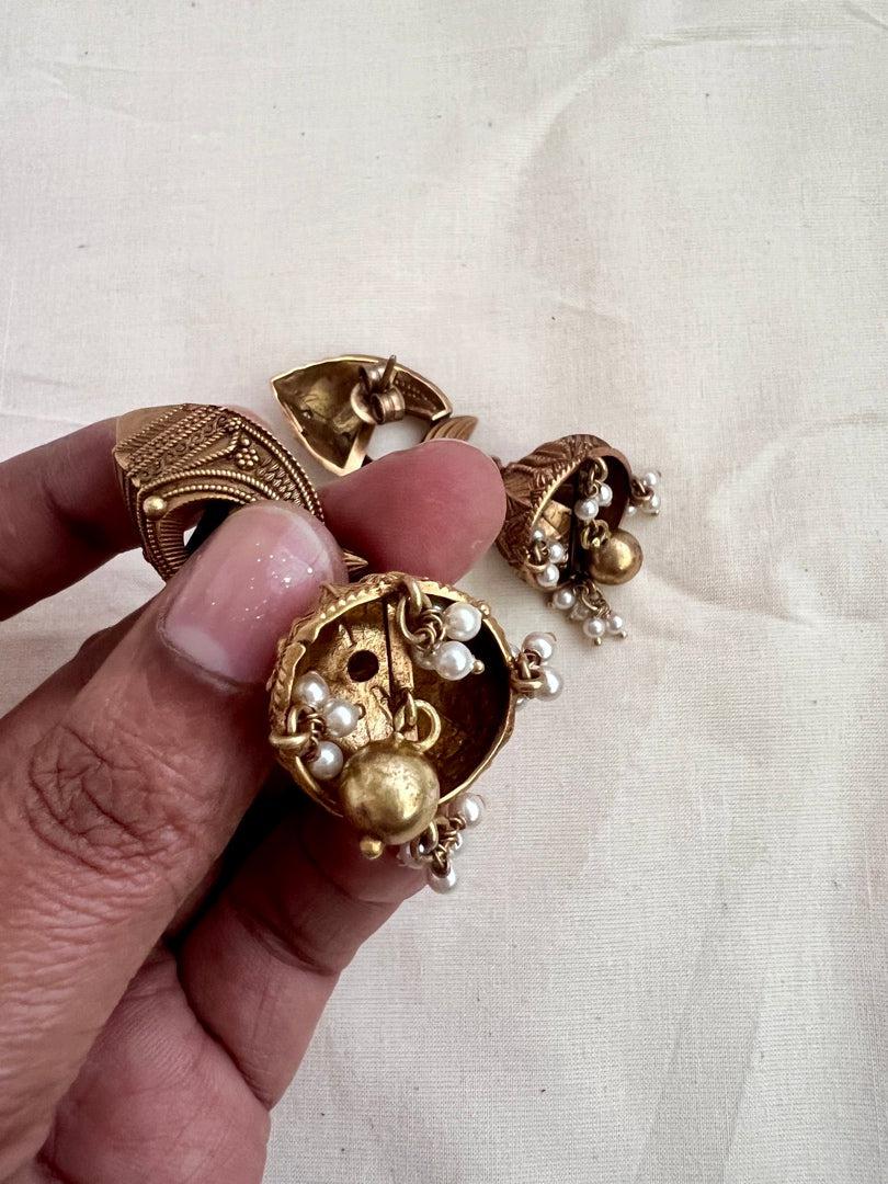 Antique gold polish jhumkas with pearls-Earrings-CI-House of Taamara