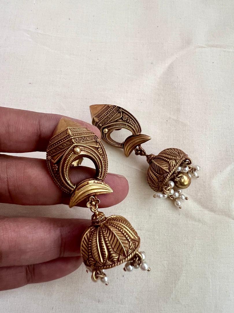 Antique gold polish jhumkas with pearls-Earrings-CI-House of Taamara