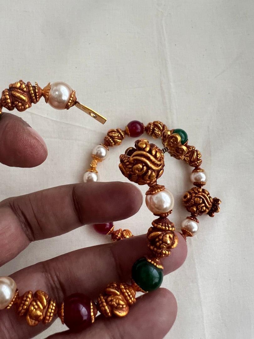 Antique gold polish kada with pearls, ruby, green onyx & gold beads, top screw, PAIR-Silver Bracelet-CI-House of Taamara