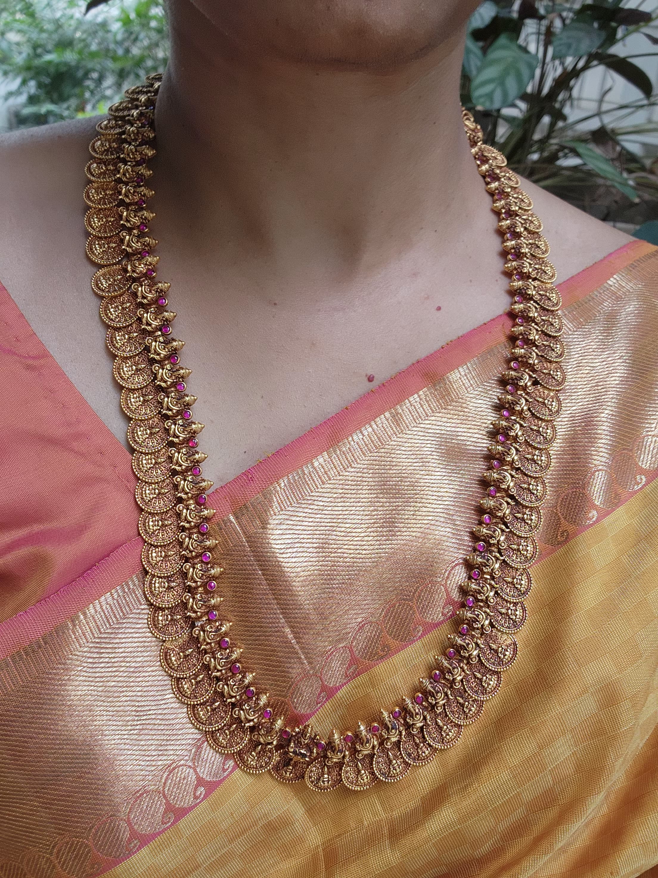 Antique gold polish kasumala necklace with ruby stones-Silver Neckpiece-CI-House of Taamara