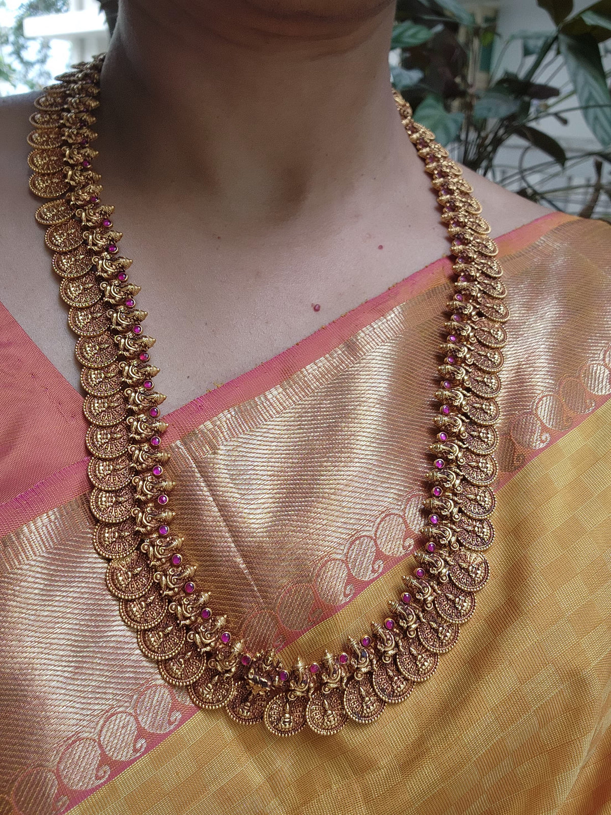 Antique gold polish kasumala necklace with ruby stones-Silver Neckpiece-CI-House of Taamara