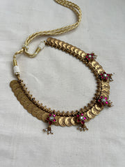 Antique gold polish kasumala with kundan & ruby flower with pearls-Silver Neckpiece-CI-House of Taamara