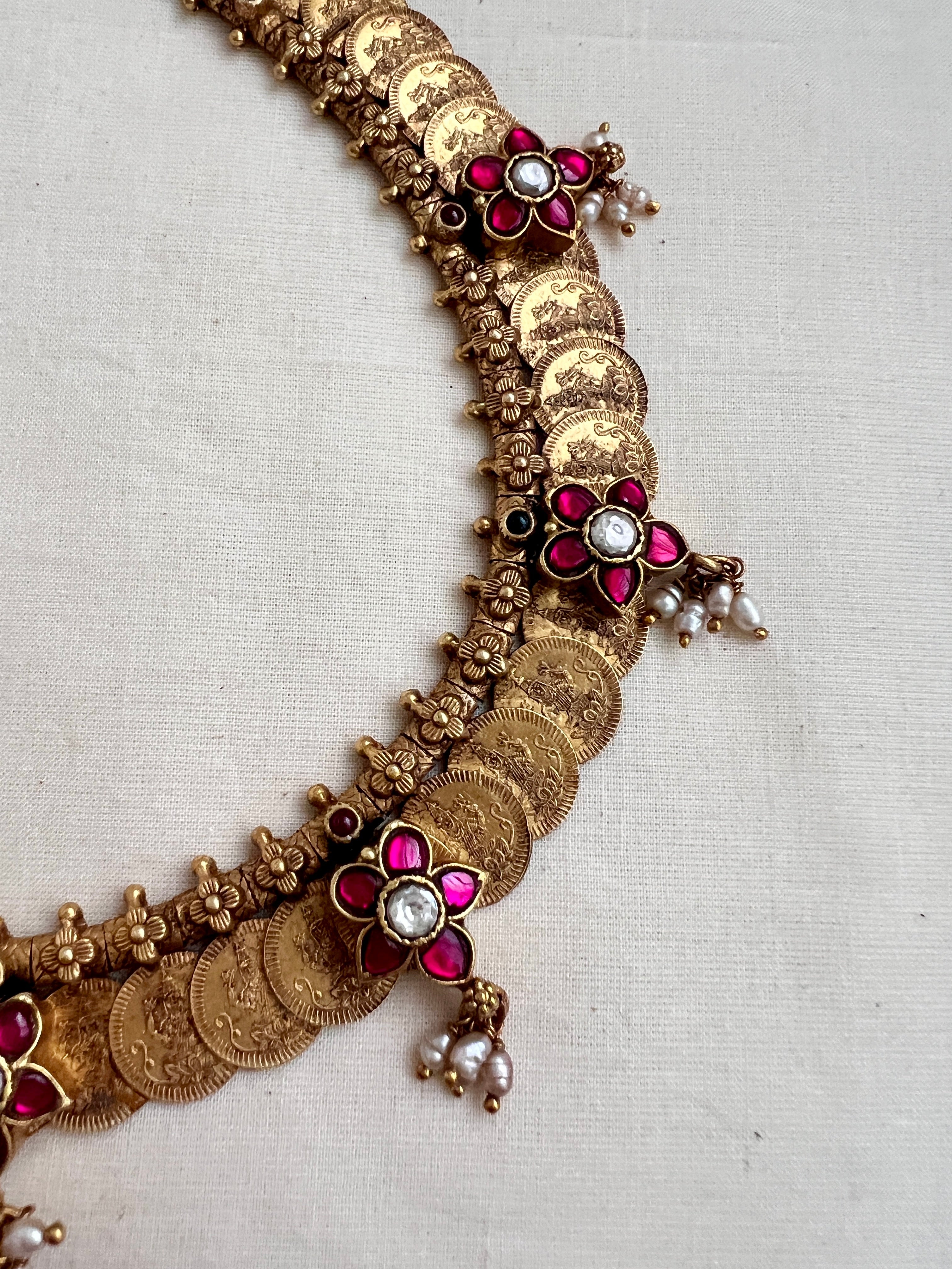 Antique gold polish kasumala with kundan & ruby flower with pearls-Silver Neckpiece-CI-House of Taamara