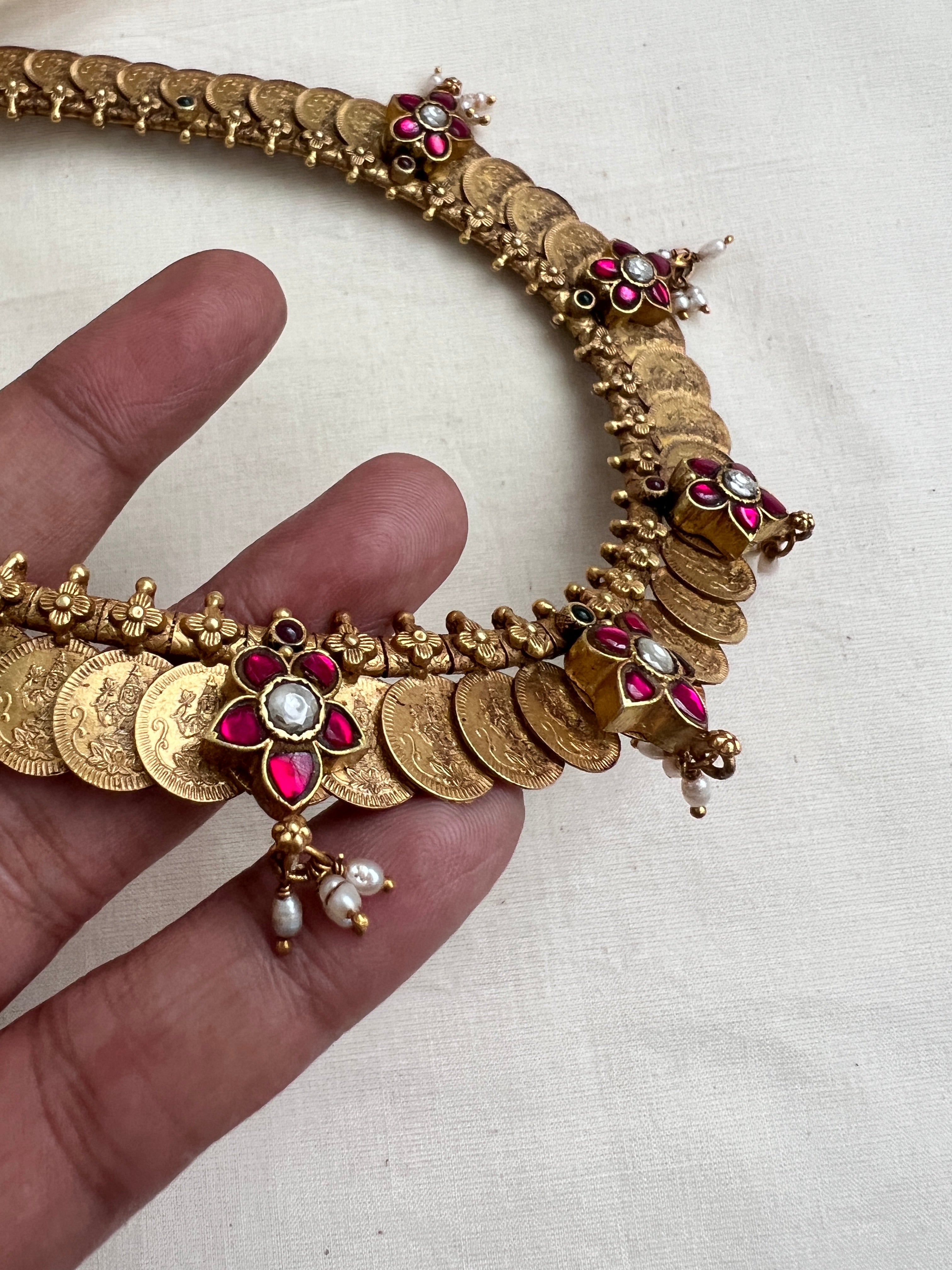 Antique gold polish kasumala with kundan & ruby flower with pearls-Silver Neckpiece-CI-House of Taamara